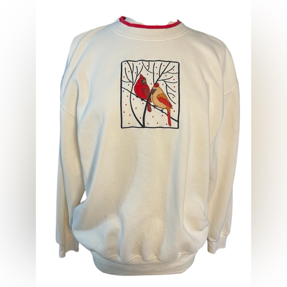 Vintage Cottagecore Whimsical Aesthetic Embroidered Cardinal Pullover Sweatshirt - Picture 1 of 10